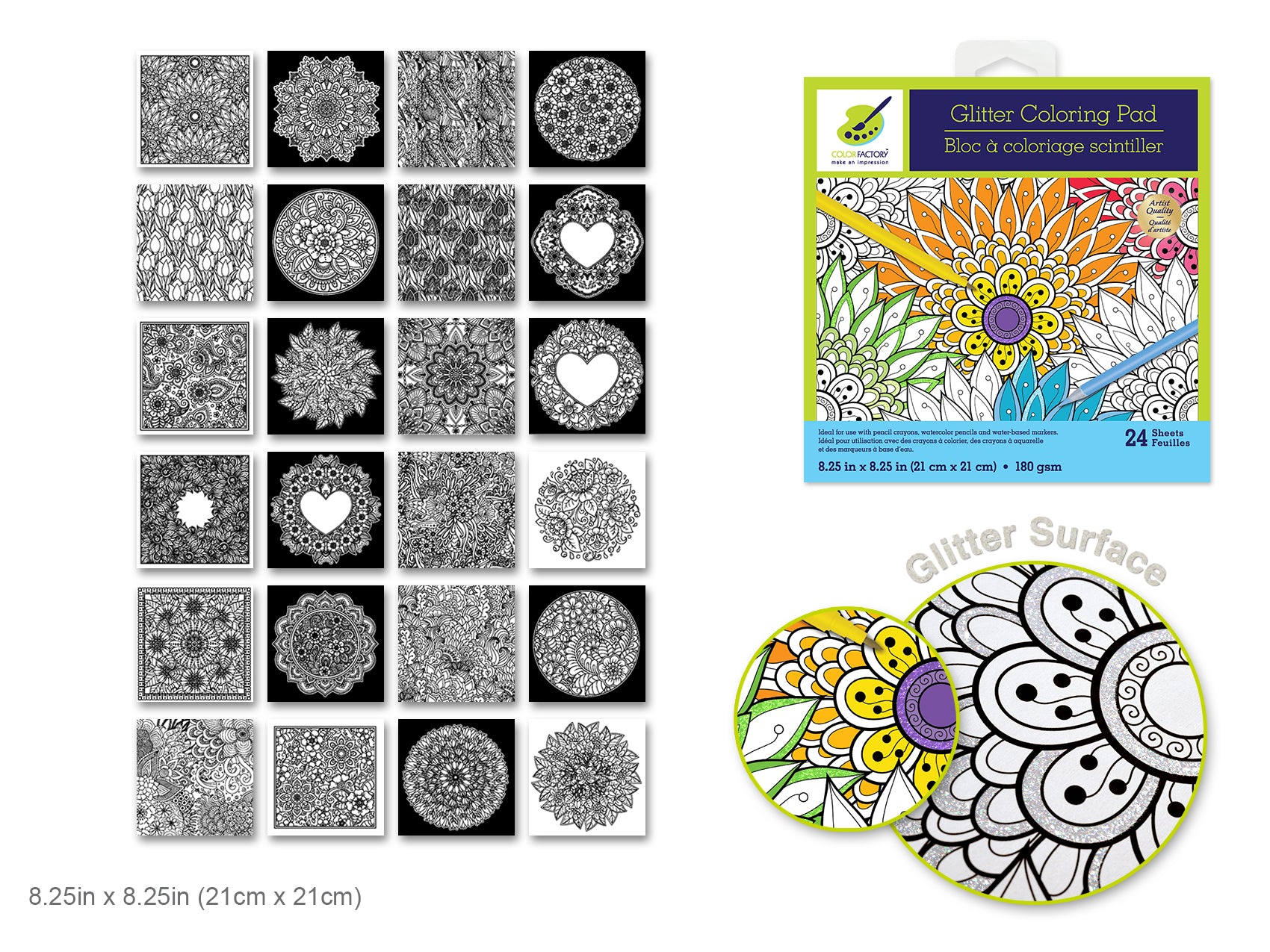Glitter Coloring Pad, 8.25" x 8.25", Floral Abstract Design