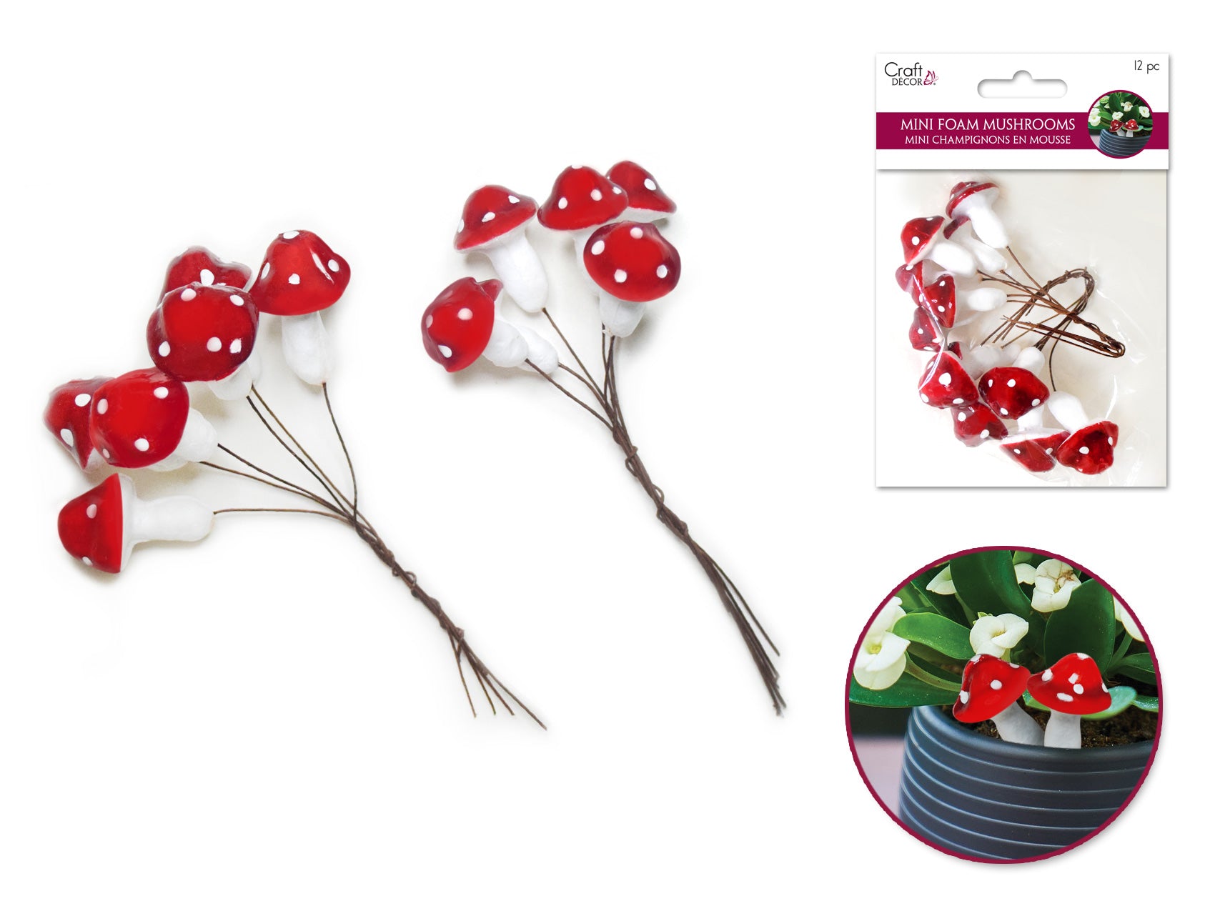 Craft Decor Mini Foam Mushroom Picks, 12-Piece Set (2cmx6/2.5cmx6)