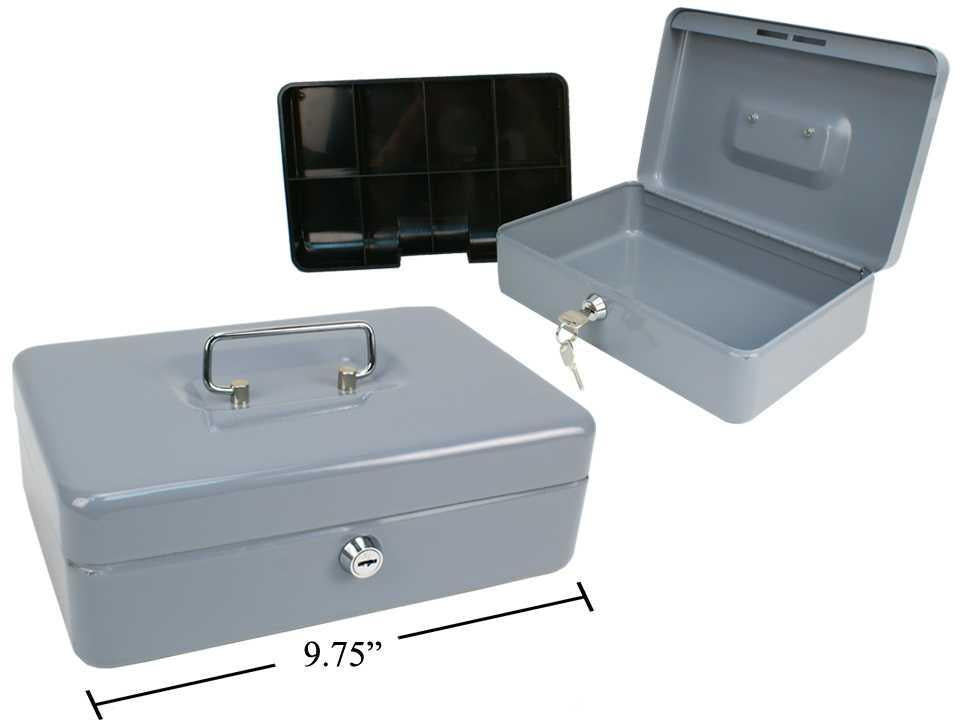 Heavy Duty Cash Box with Lock, Grey, Dimensions 9.75"Lx6.5"Wx3.25"H