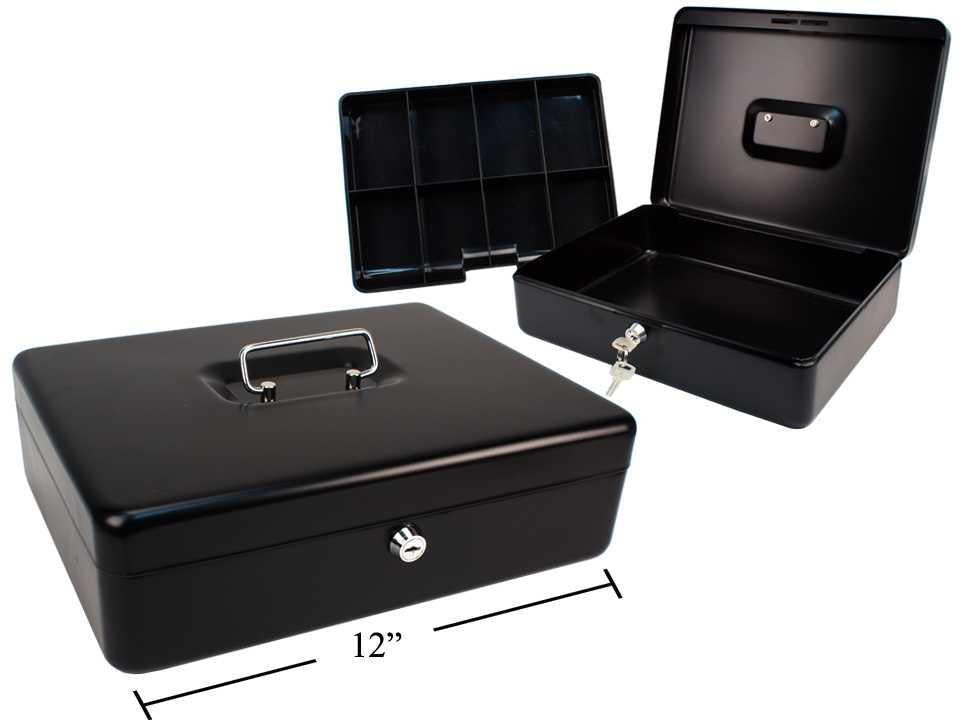 Large, Heavy-Duty, Black Cash Box with Lock, Dimensions 12"Lx9.5"Wx3.5"H