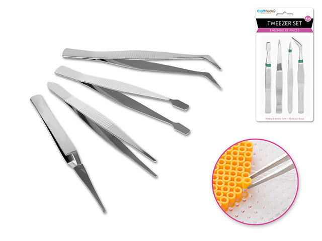 4-Piece Assorted Tweezer Set for Beading and Jewelry Tools