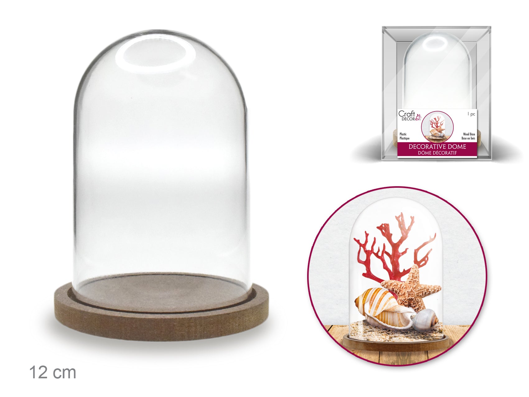Craft Decor: DIY Clear Plastic Dome with Wood Base, Dimensions 12cmx8cm
