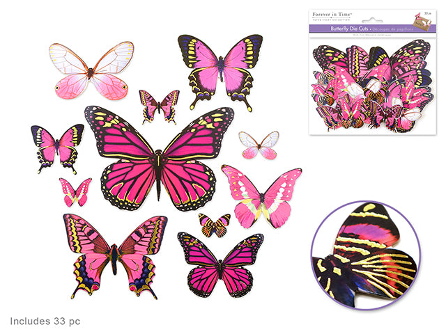 Paper Craft Embellishments: Butterfly Die Cuts with Foil Accents, Set of 33, Pink