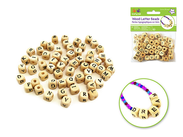 10mm Wood Letter Beads, 60-Pack, Assorted Natural Colors