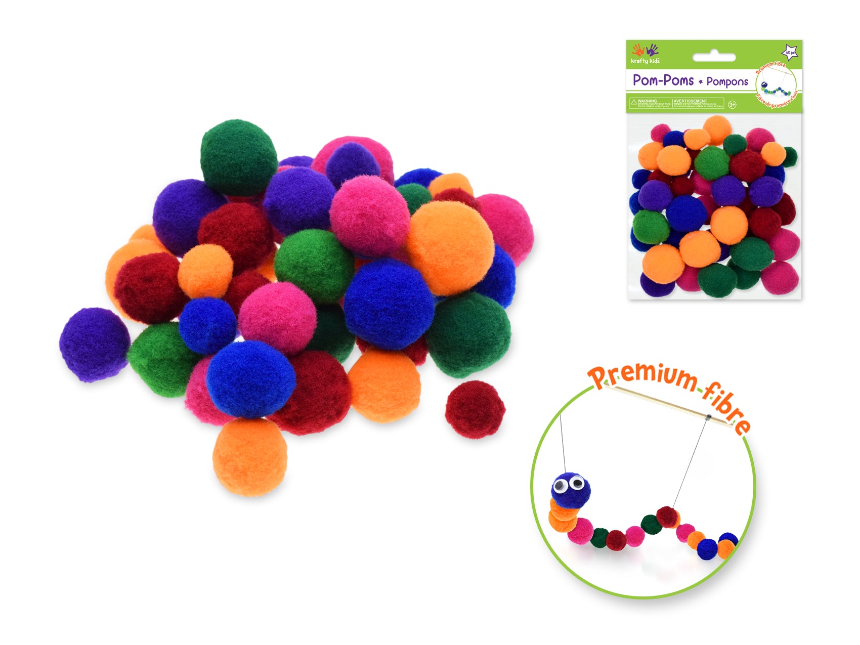 Krafty Kids Soft-Poms: Assorted Colors and Sizes in Brights, Pack of 48