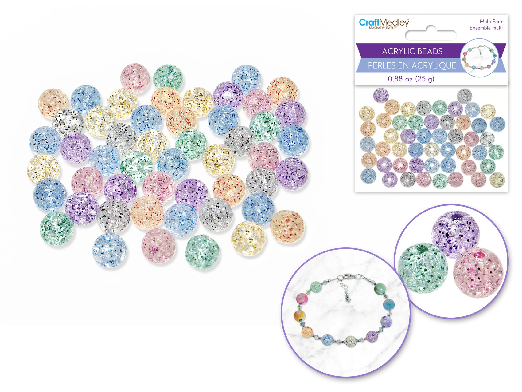 Acrylic Beads: Crackled Glitter, 10mm Round, Available in 25g Multi-Packs