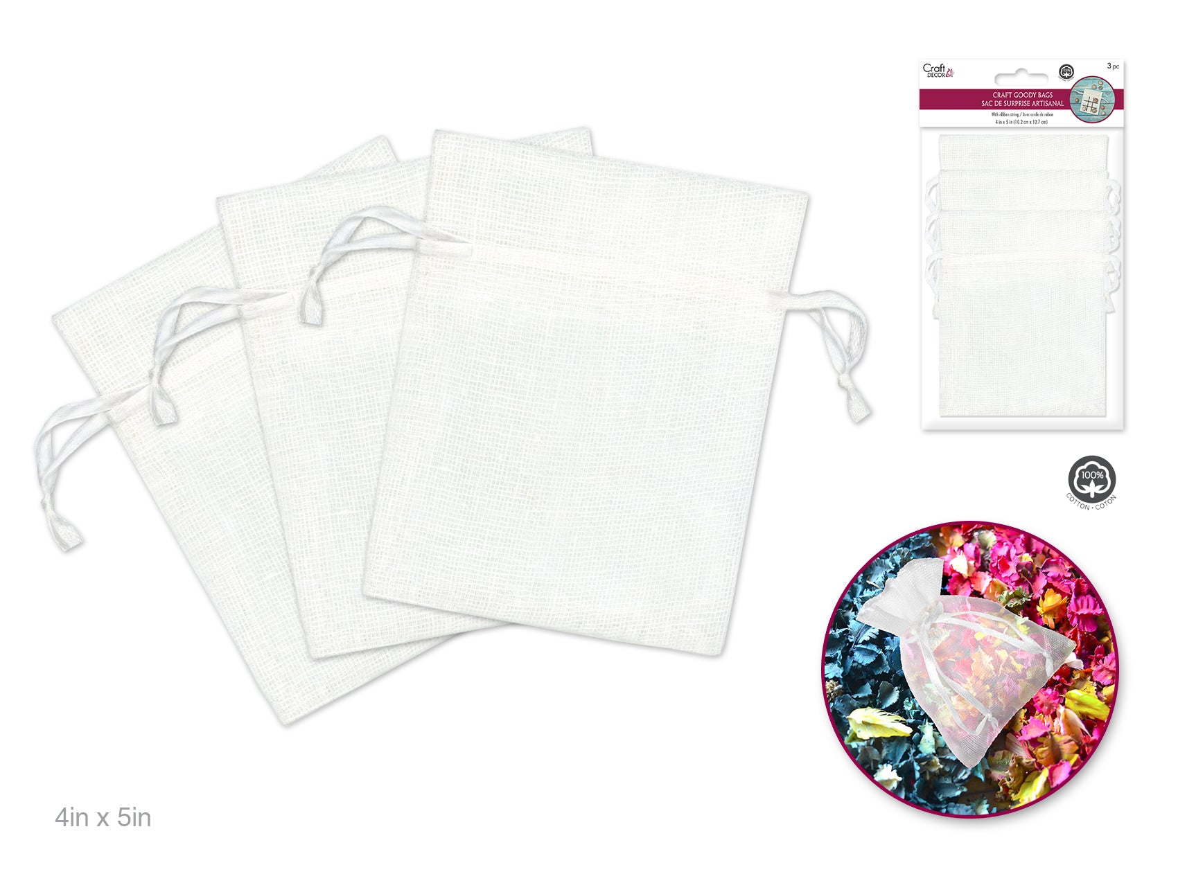 Craft Decor: Set of 3, 4"x5" Mesh Cotton Craft Goody Bags with Ribbon String in White