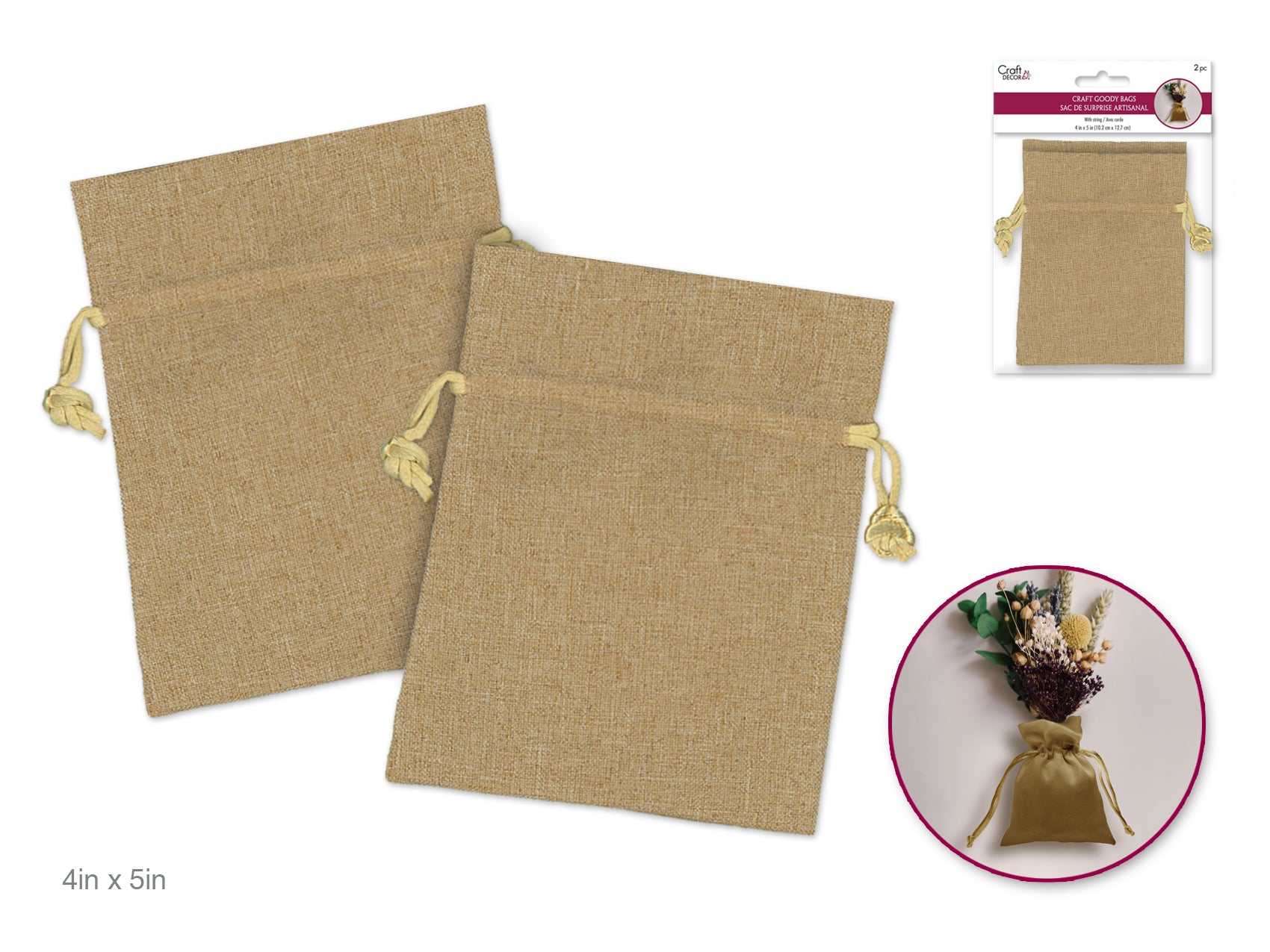 Craft Decor: 4"x5" Poly-Weave Goody Bags with Rib String, Burlap-Look, Pack of 2