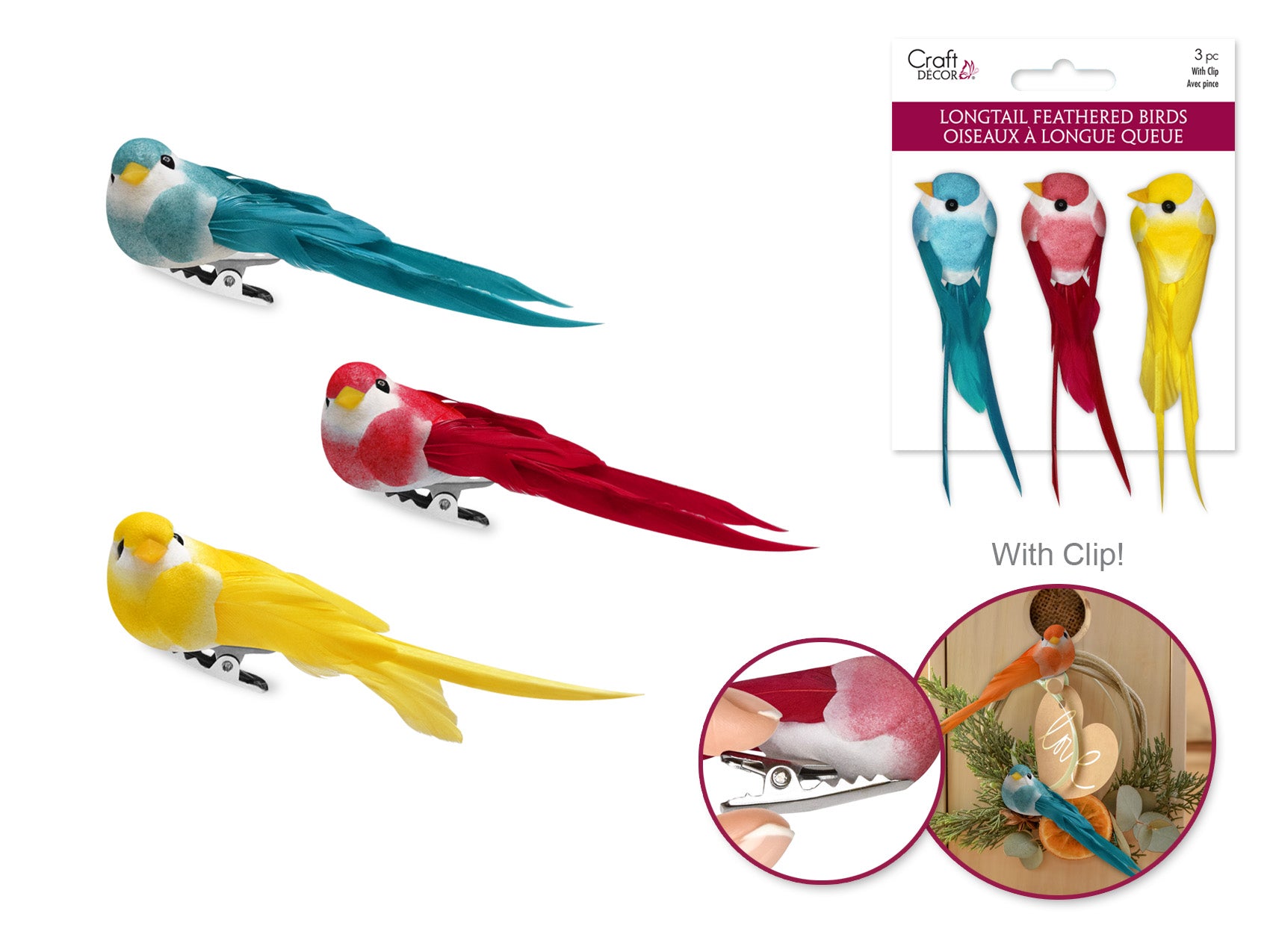 Craft Decor: Set of 3, 3.25" Mini Longtail Birds with Gator Clip in Bright Colors