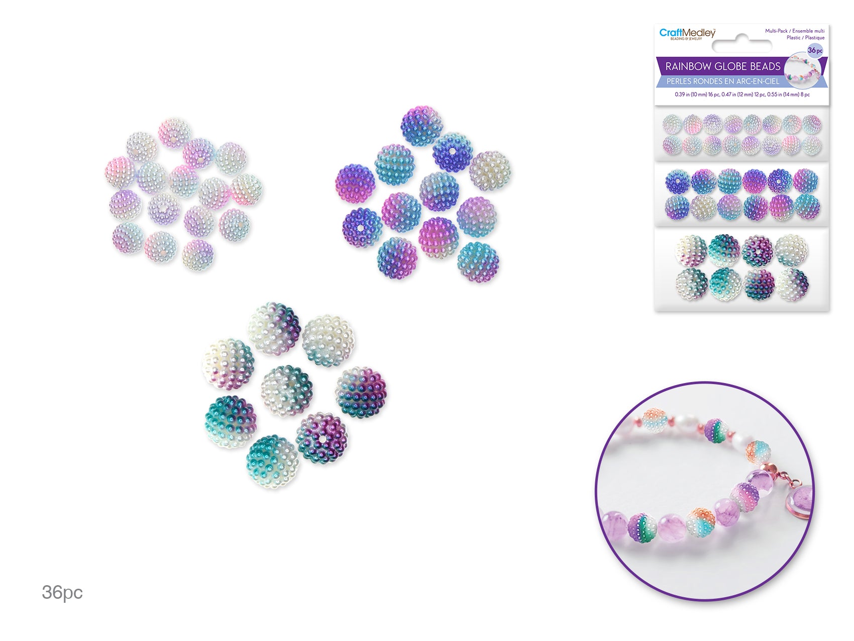 Assorted Plastic Beads: 36pc Multi-Pack of 10mm, 12mm, 14mm Globe Rainbow Micro-Beads, Set #1