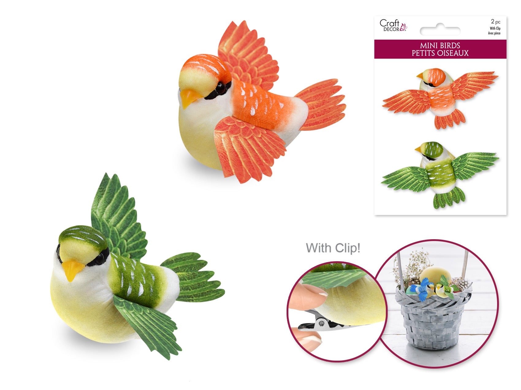 Craft Decor: Mini Flying Bird 2.1"x3.8" with Gator Clip, Set of 2, Green/Orange