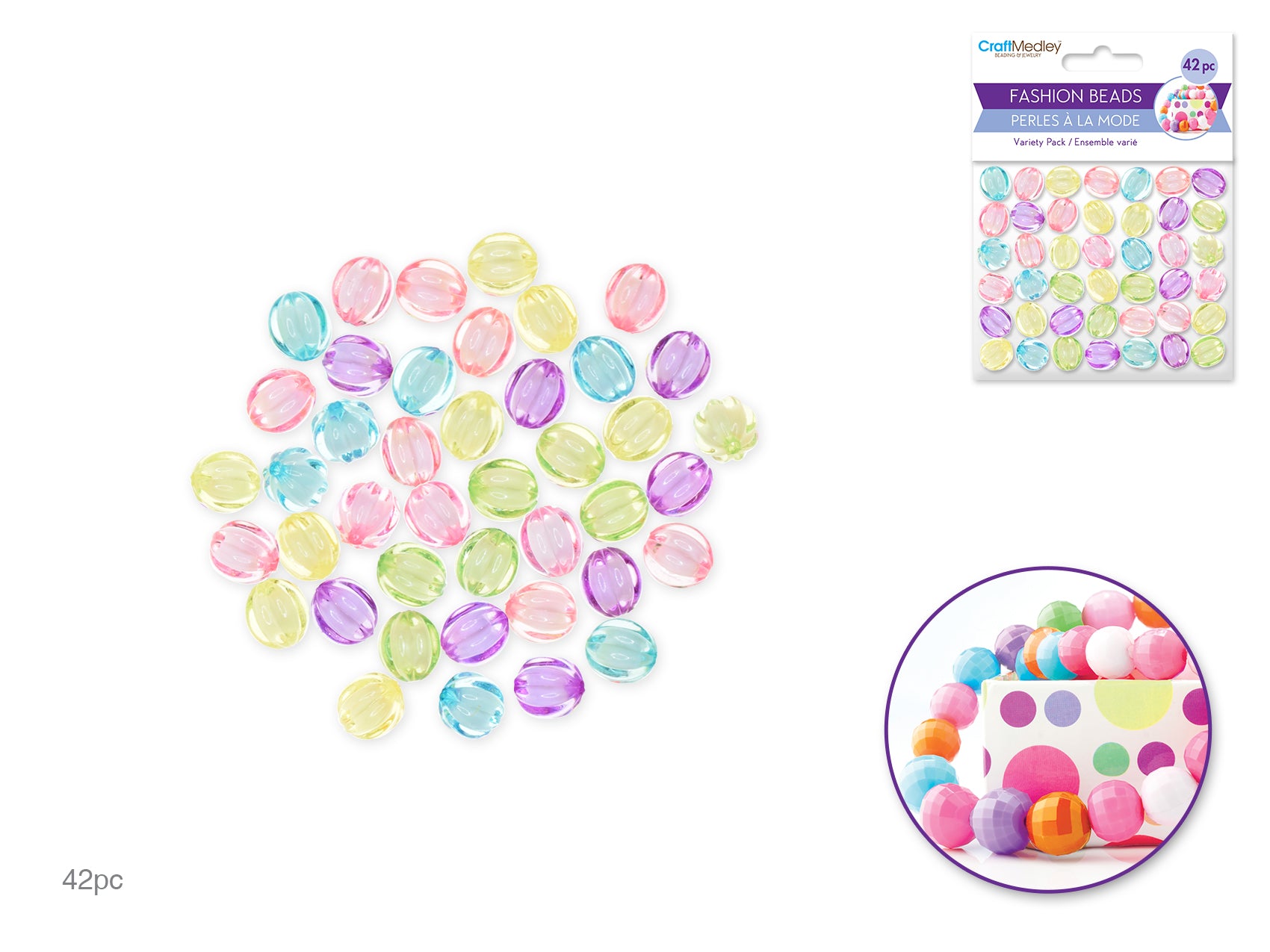 Plastic Fashion Beads: 42-45pc Multi-Packs in Watermelon Pastel