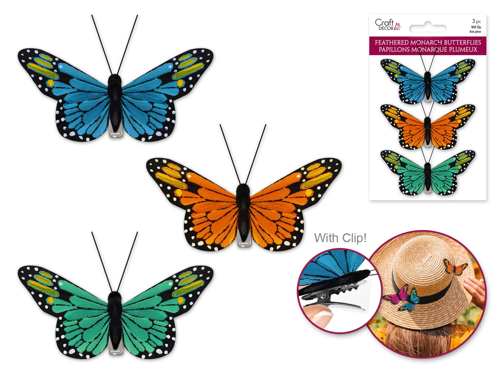 Craft Decor: 3.25"x1.75" Feathered Monarch Butterflies with Gator Clip B) Glam