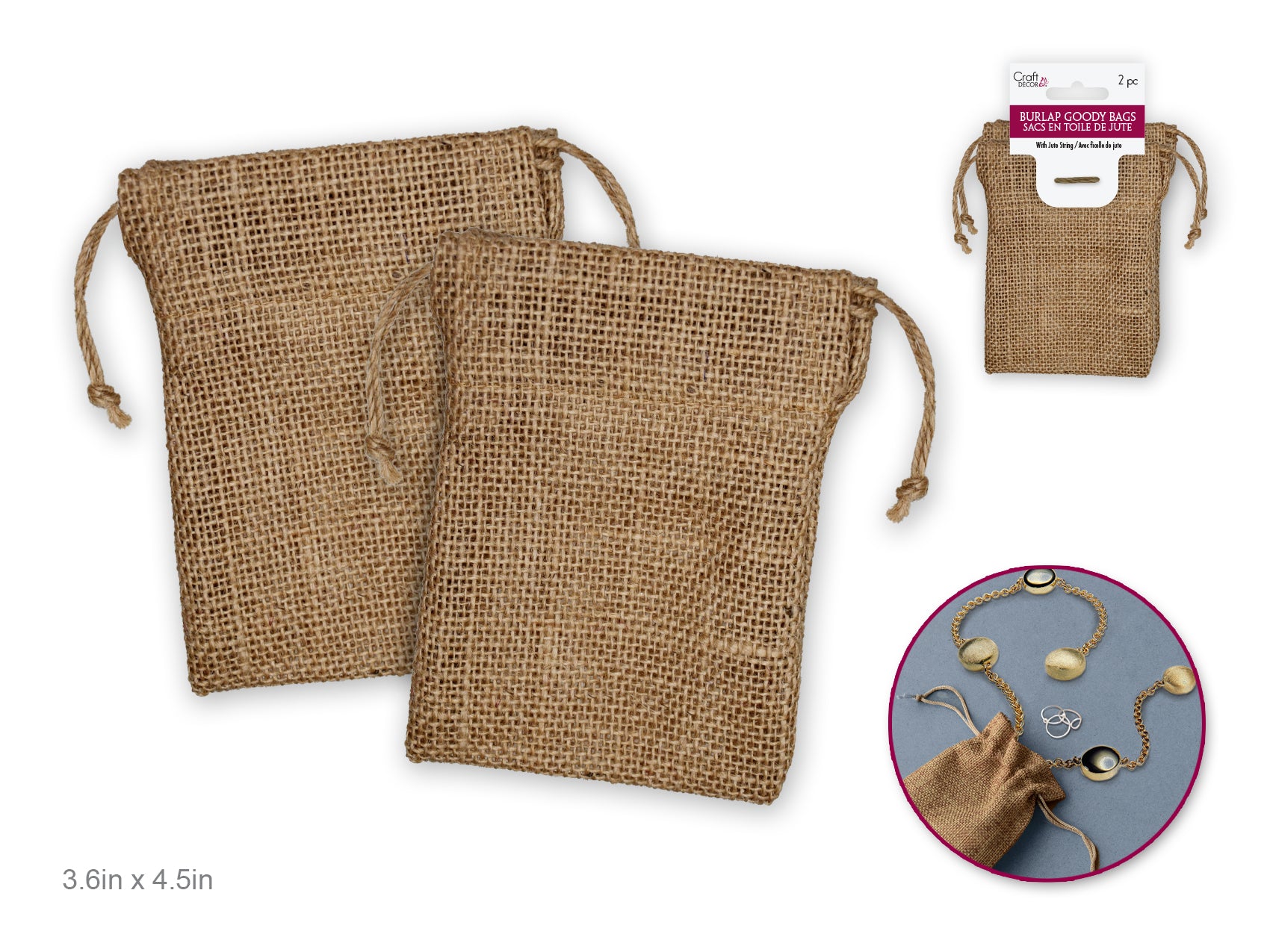 Craft Decor: Set of 2 Natural Burlap Goody Bags (3.6"x4.5") with Jute String