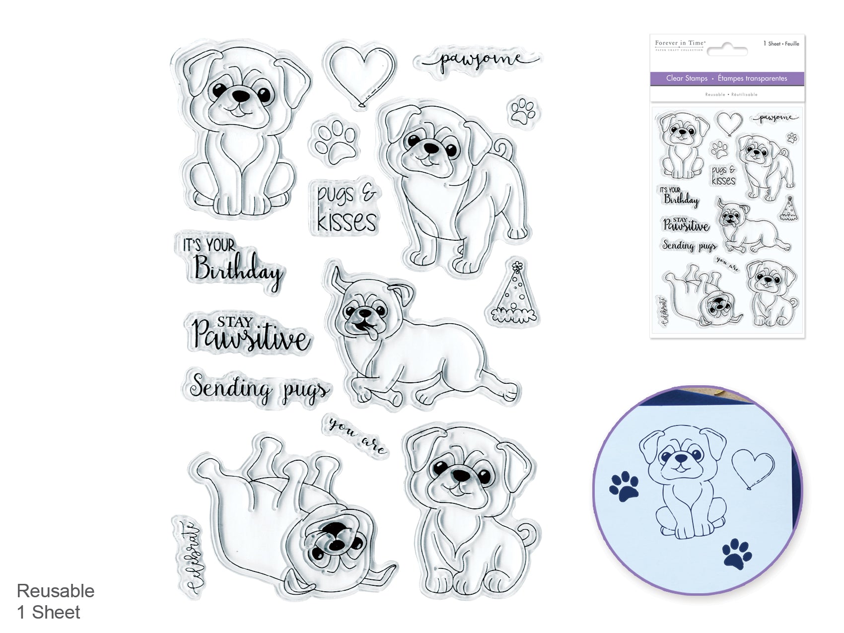 4.3"x6.3" Reusable Clear Stamps: Pugs & Kisses Edition