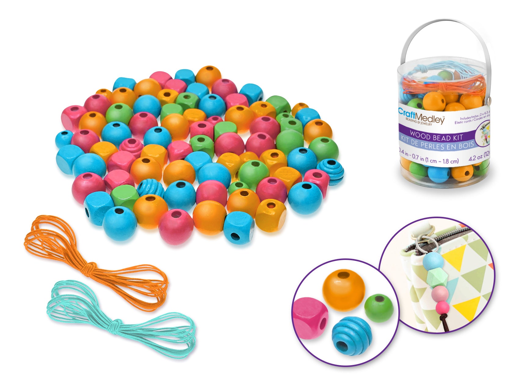the Wooden Bead Kit: 120g, 4-Color x 4-Size, in PVC Canister with 2x2m Elastic Cord, Pastel Mix Variant