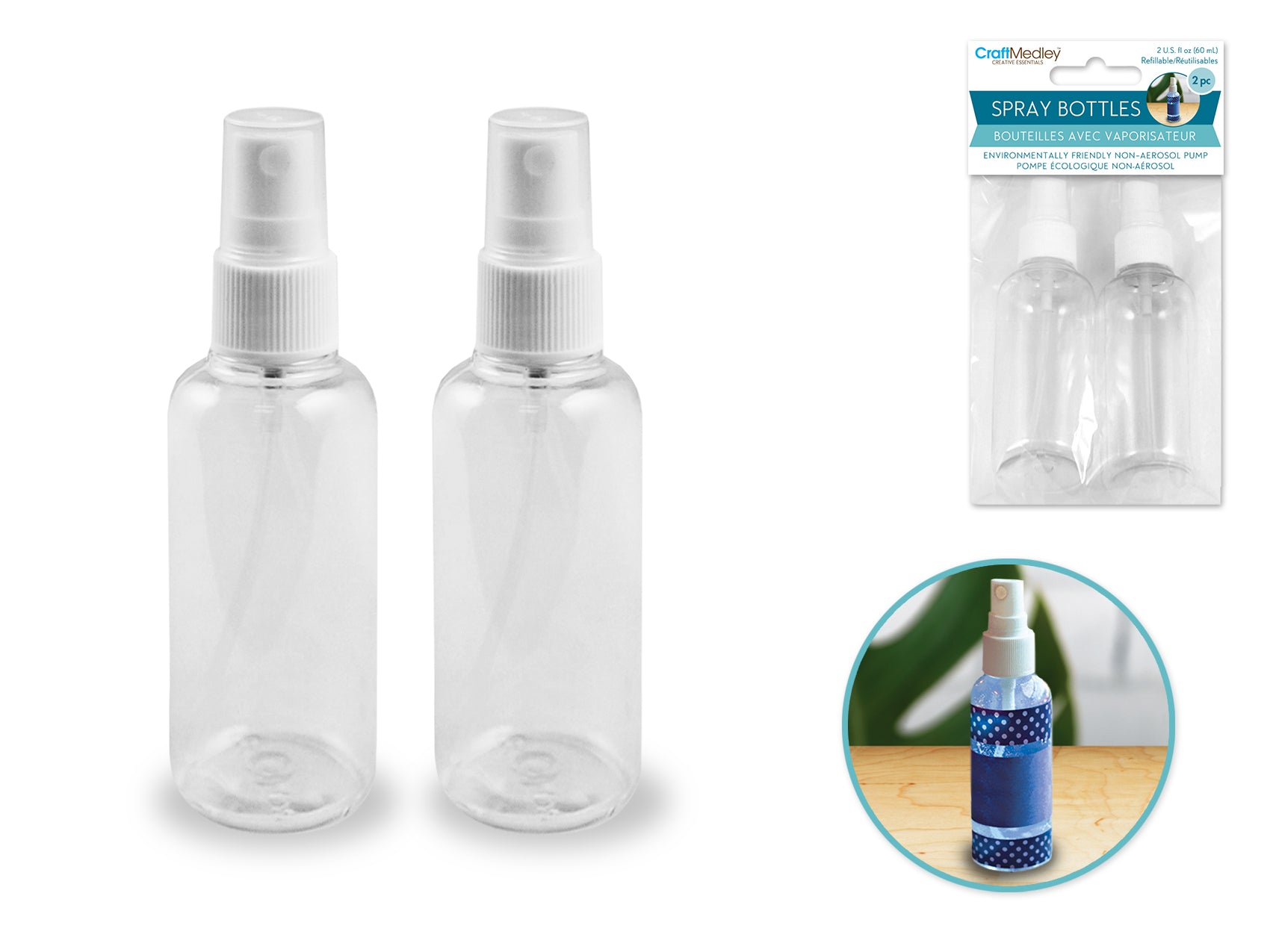 2oz Refillable Screw-Top Plastic Bottles with Pump-Spray, Pack of 2