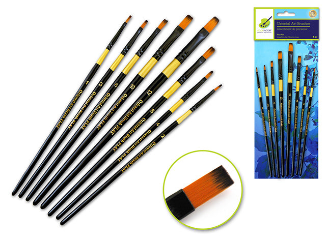 Oriental Art Inspired Artist Brush Set with 8 Wood Handle Flat Brushes