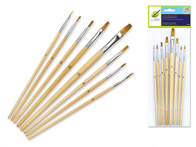 Artist Brush Set: Assorted Flat Bristle #1-#12, Wood Handle, Pack of 8