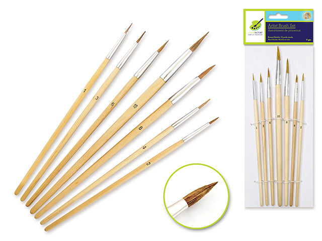 Artist Brush Set: Assorted Round Bristle #1-#12 with Wood Handle, Set of 7