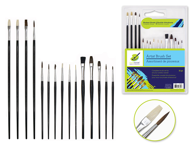 Artist Brush Set: Complete Range with 15 Student Grade Black Handles