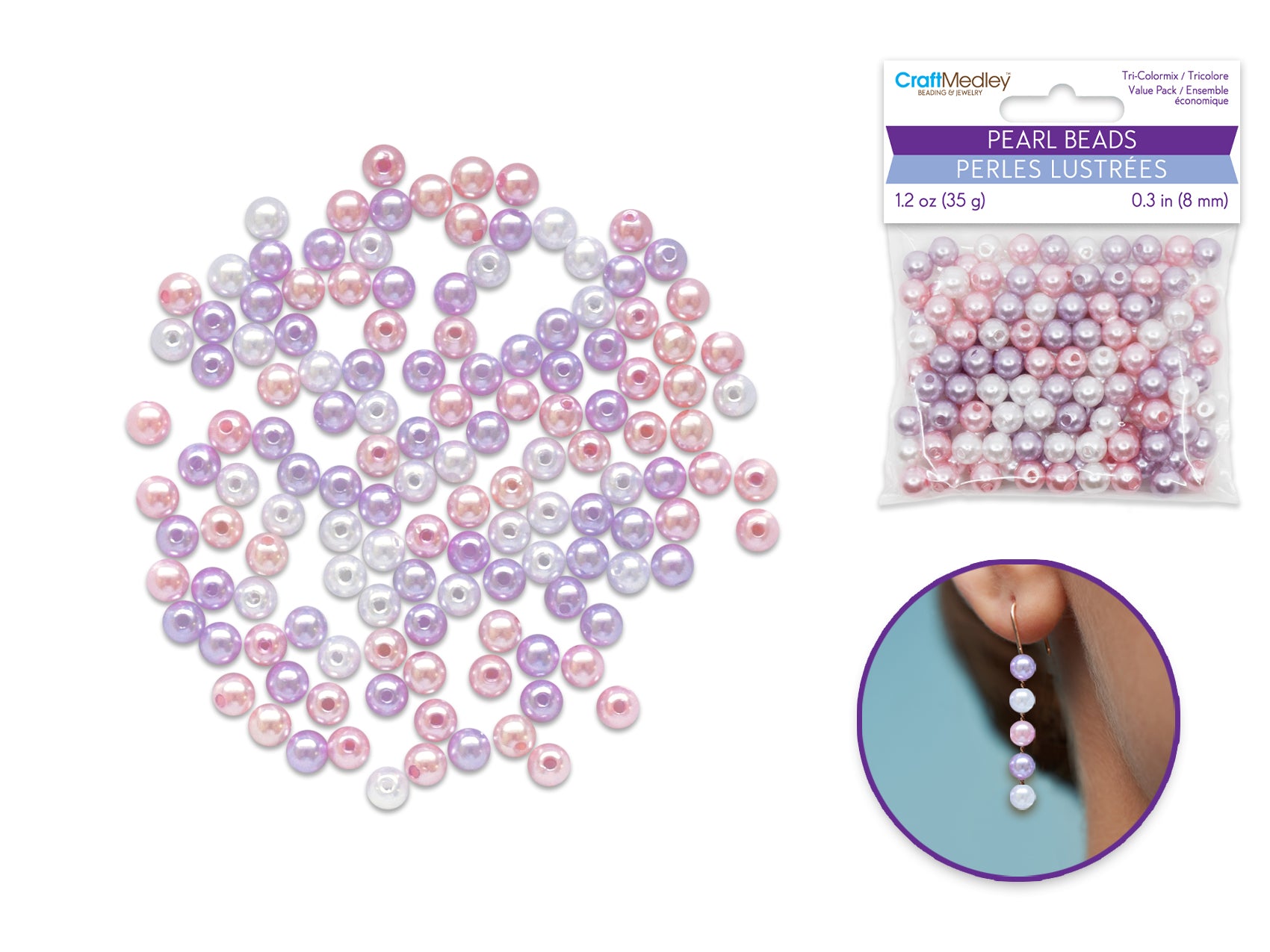 8mm Gloss Tri-Color Mix Pearl Beads, 35gms, Option B: Pink