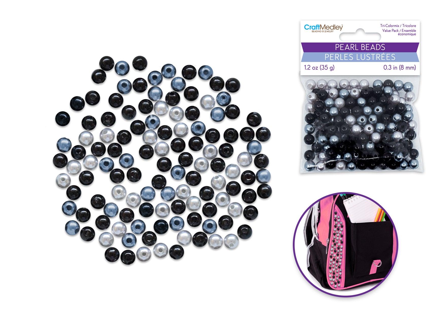 8mm Gloss Tri-Color Mix Pearl Beads, 35gms, Black