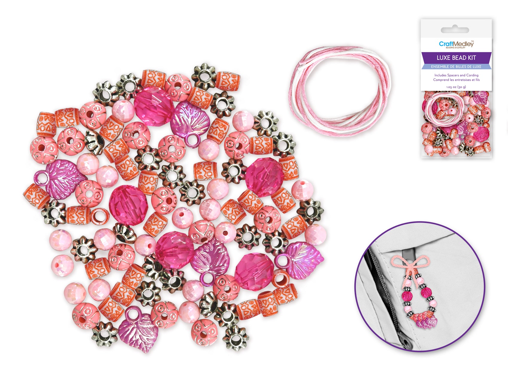Acrylic Bead Kit: Luxe Edition Featuring 30g Beads, Spacers, and Cording in Pink