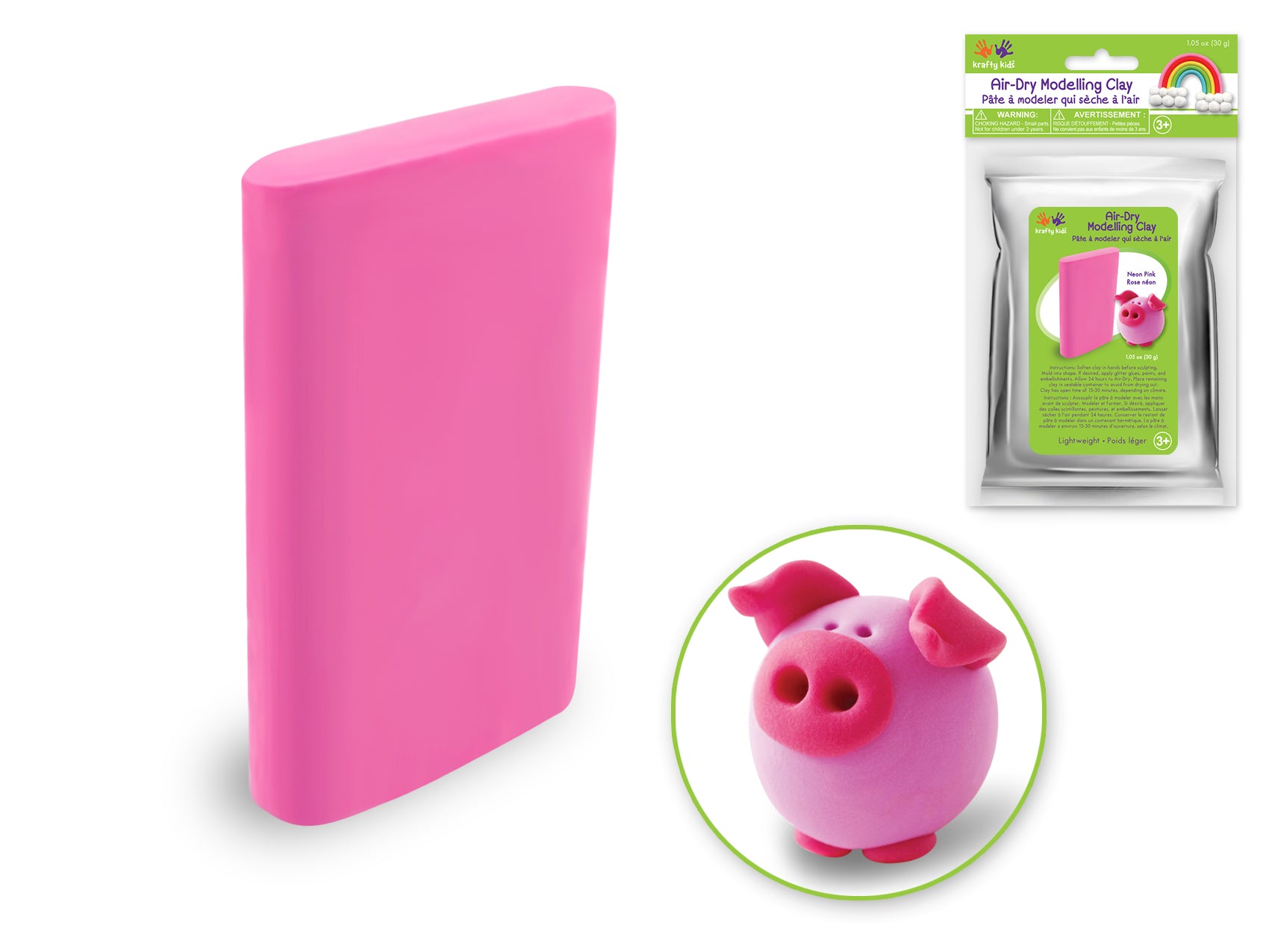 Krafty Kids 30g Lightweight Air-Dry Modelling Clay in Neon Pink