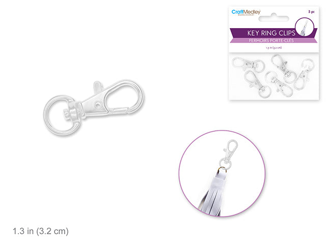1.25" Key Ring Clip with Swivel Ring in Silver, Jewelry Findings (Pack of 5)
