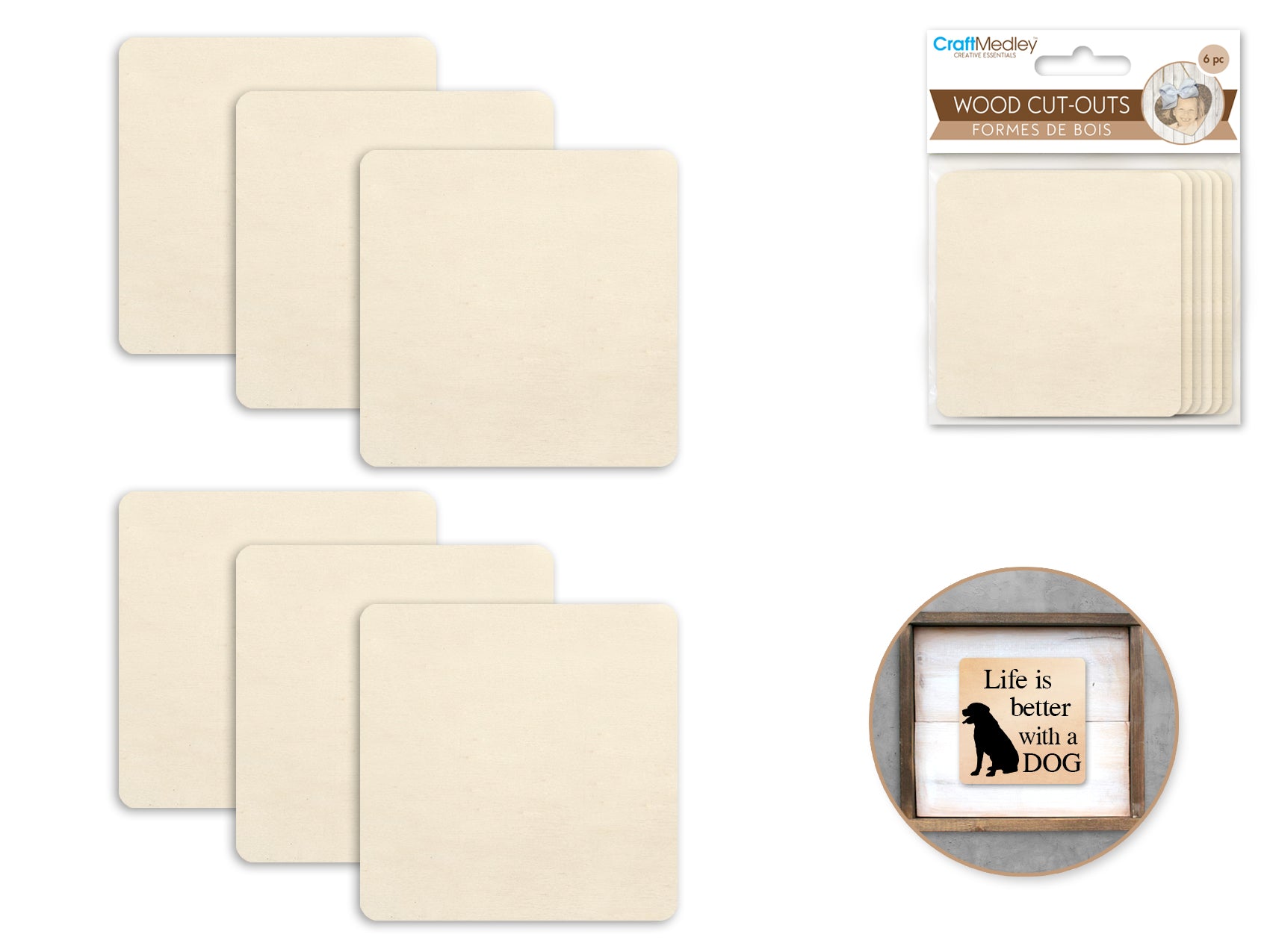 Craftwood: Set of 6 Wood Cut-Outs, 7.1*7.1cm, Square Design
