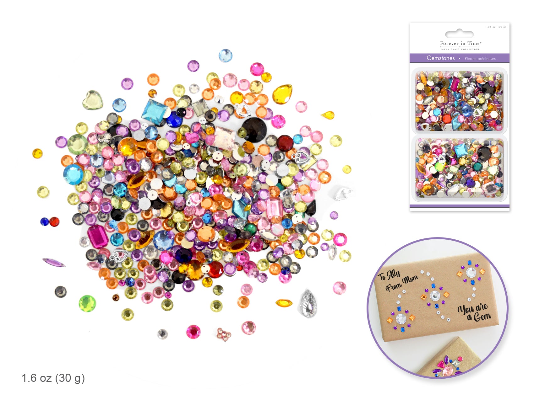 Paper Craft Emb: Gemstones Asst Shapes/Colors/Sizes 30g