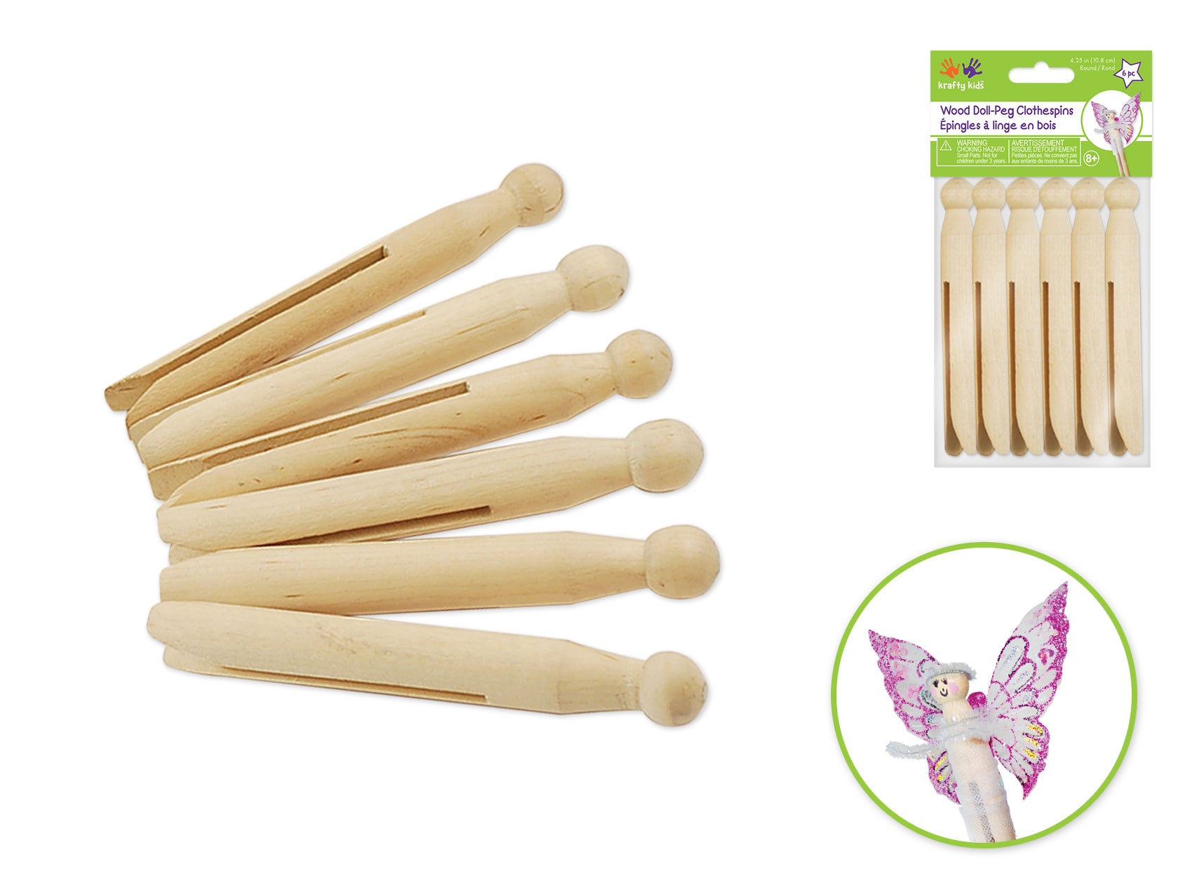 Craftwood: 4.25" Round Doll-Peg Clothespins Natural 6/pk