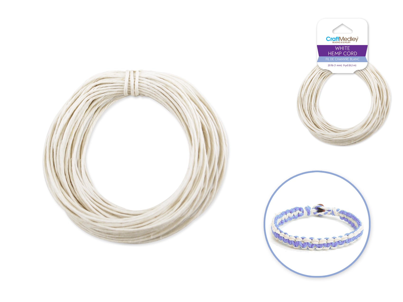 Natural White Hemp Cord: 20lb (1mm), 9yd/hank