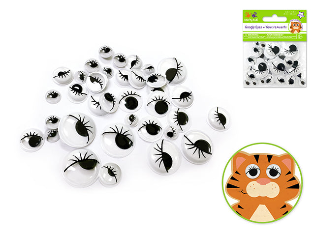 Standard Black Paste-On Googly Eyes with Lashes, 8mm-20mm, Pack of 38