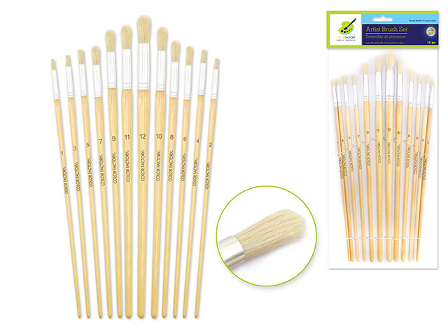 Artist Brush Set: Assorted Flat Bristle Long Handle Numbers 1-12 with Wooden Handle Rounds