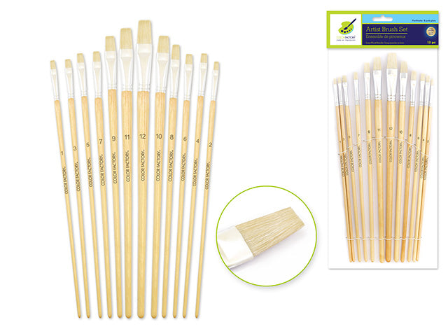 Artist Brush Set: Assorted Flat Bristle Long Handle, Numbers 1-12, Featuring Wood Handle Flats