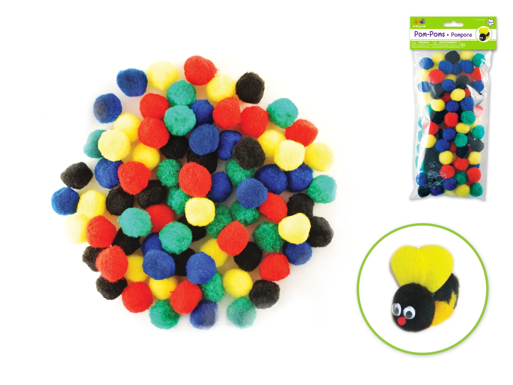 Krafty Kids: Assorted Primary Colors 1" (25mm) Pom-Poms, Pack of 80