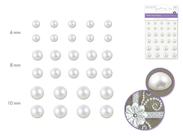 Paper Craft Embellishments - 6-10mm White Pearl Halves, Peel-n-Stick, Pack of 28