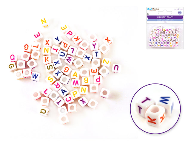 6mm Cube Alphabet Beads: 68-Piece Set in White with Colored Letters