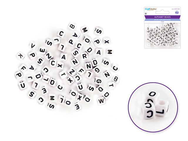 Alphabet Beads: 6mm Cube, 68-Piece Set, White with Black Letters