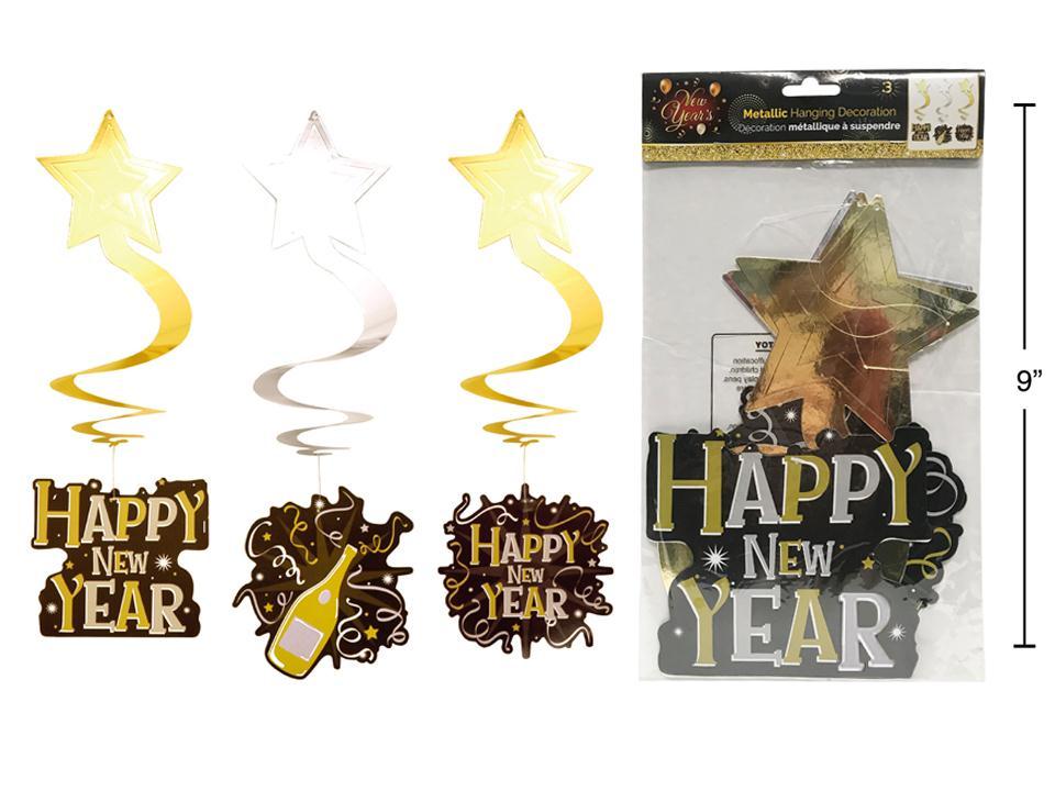 New Years 3pk Metallic Hanging Swirly Decor, 15.5"