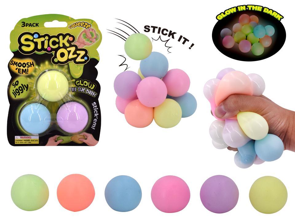 3-Piece Stick-Ozz Glow-in-the-Dark Sticky Squeeze Ball Set, 1.5", Two Colors Available.