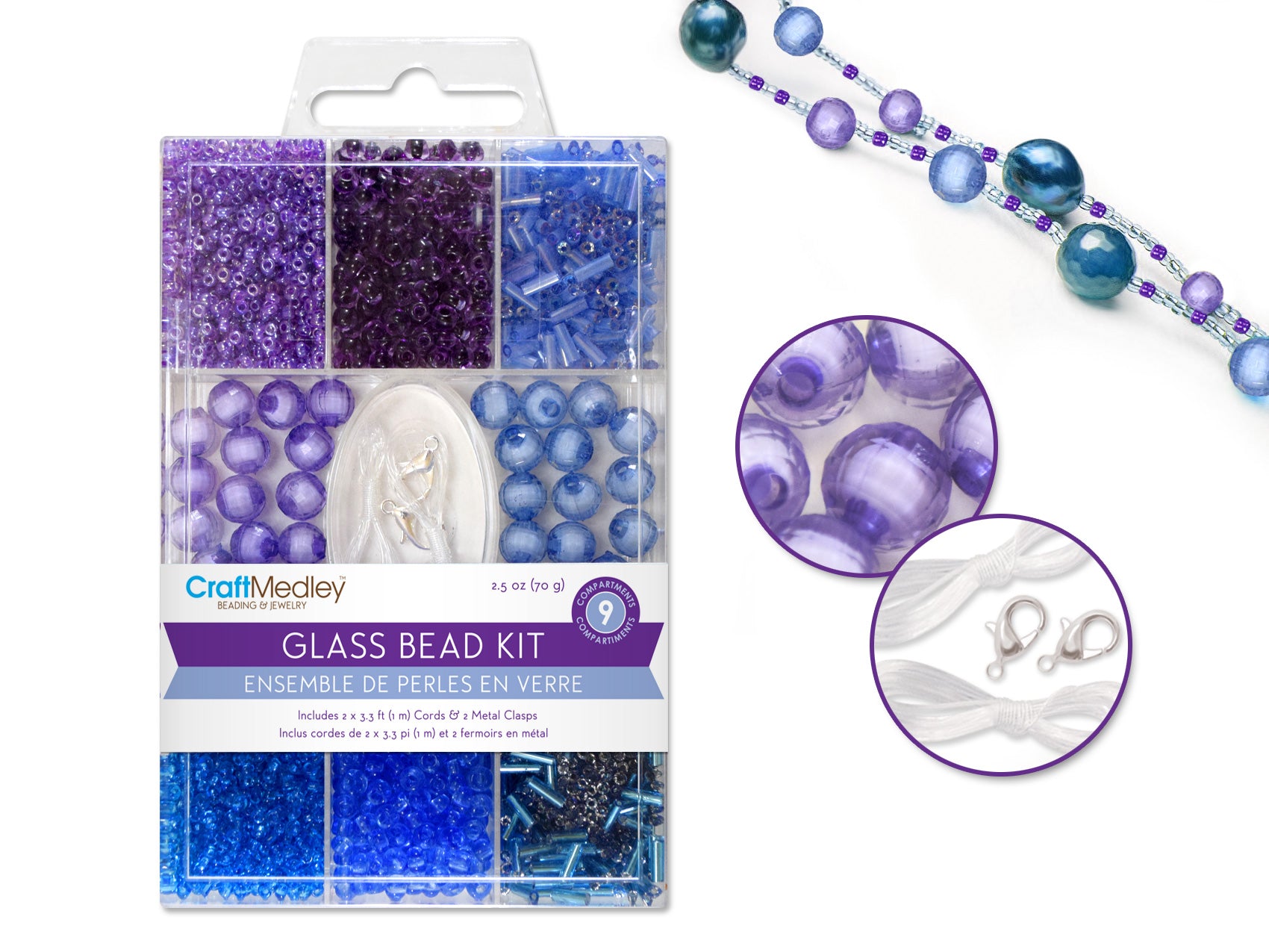 Glass Bead Kits: 9-Component Multi-Pack with Cord and Clasps, 70g, Sky Variant