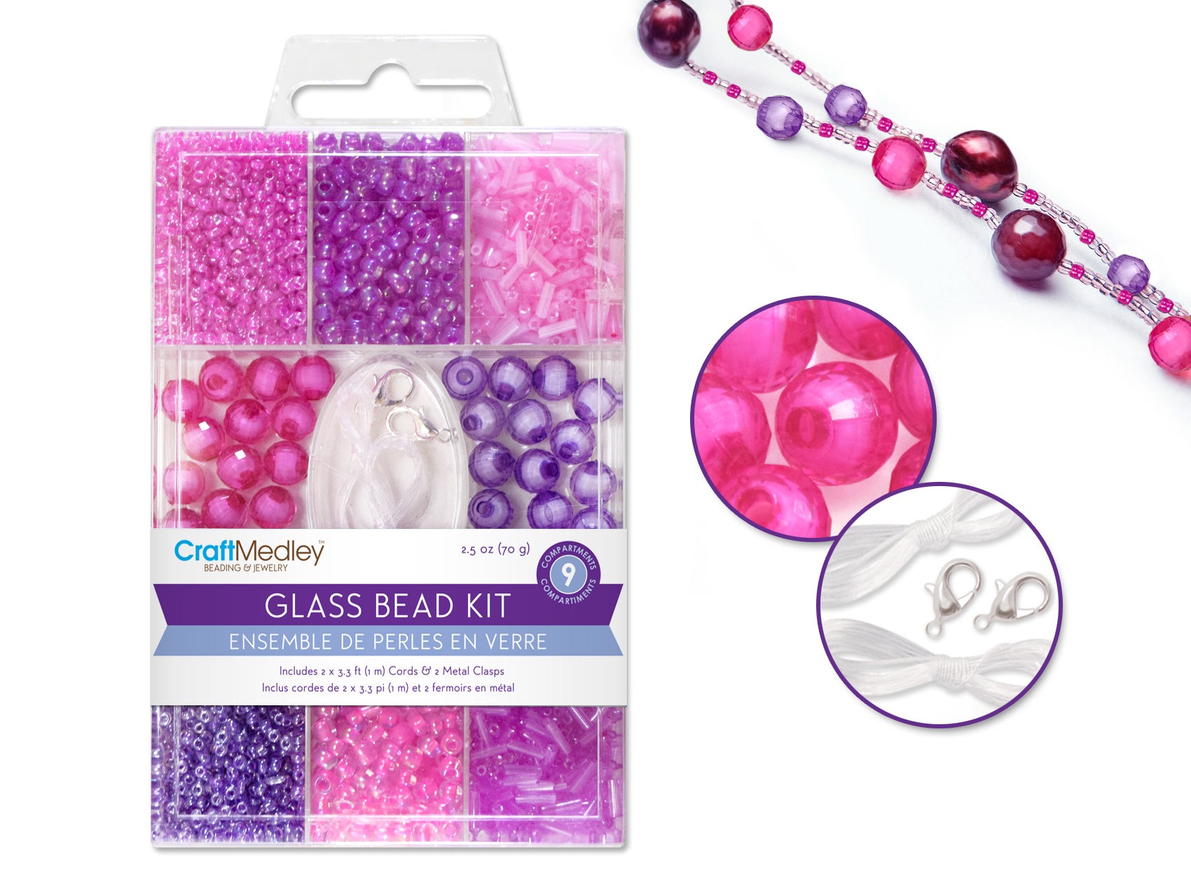 Glass Bead Kits: 9-Component Multi-Pack with Cord and Clasps, 70g, Color Blush