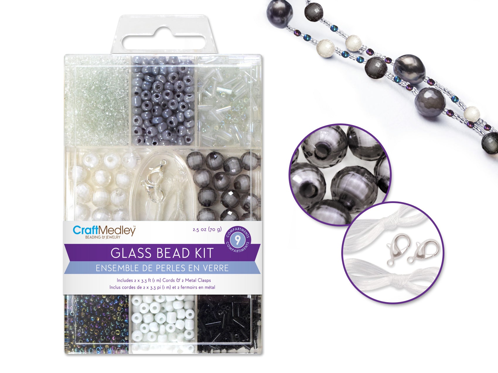 Classic Glass Bead Kits: 9-Component Multi-Pack with Cord and Clasps, 70g