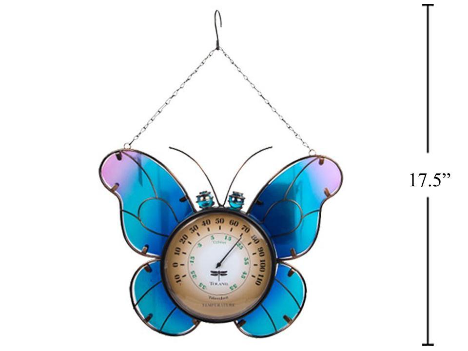 17.5" Glass Butterfly Hanging Decor w/Thermometer, hang tag