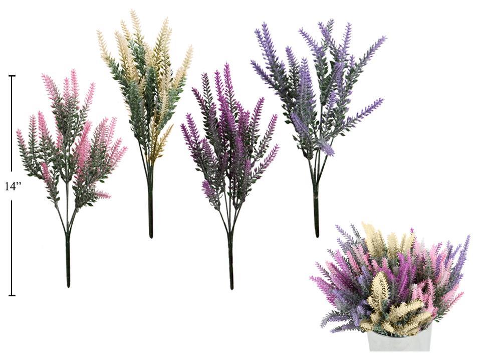 14"L  5 Stem Artificial Flocking Lavender Flowers, 4asst., label
