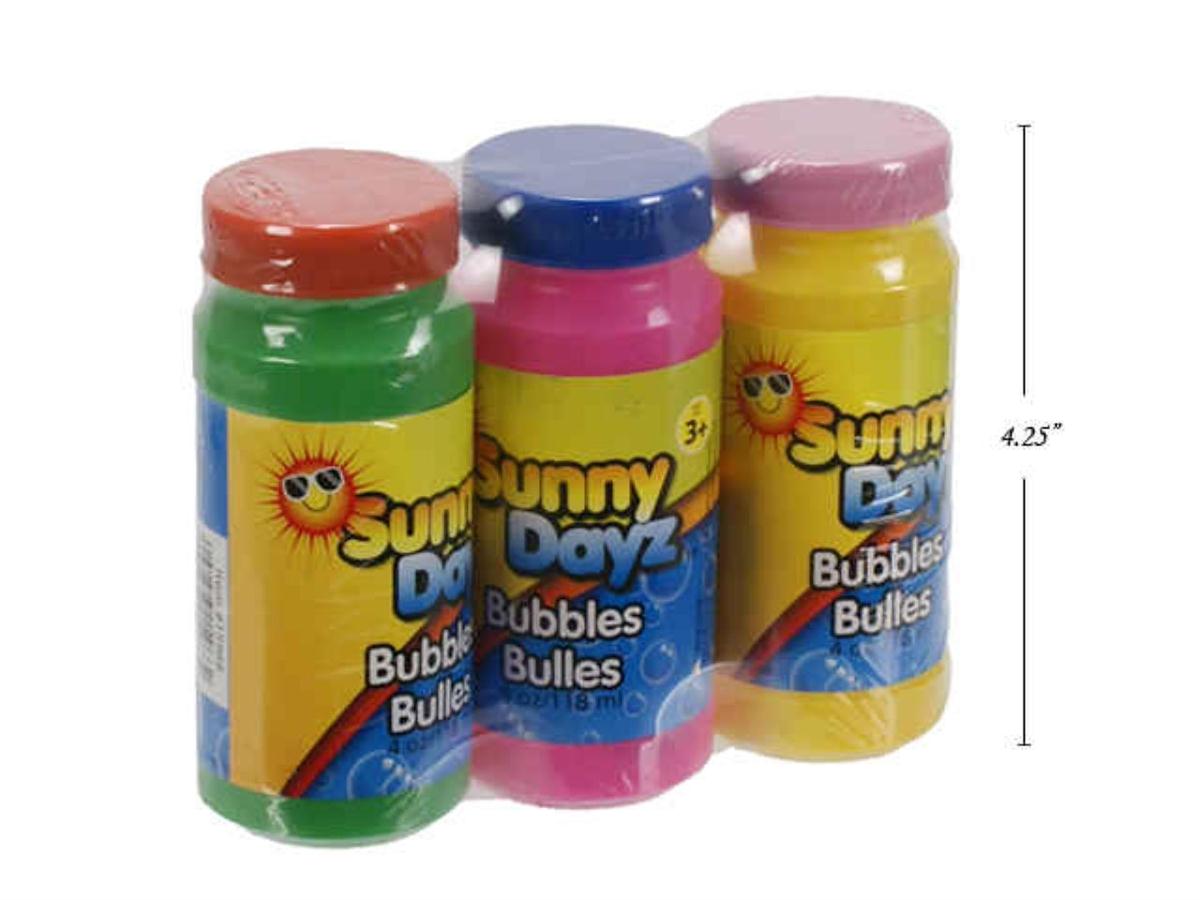 Sunny Dayz 3pk 4oz. Bubbles, label, Bottles shrink wrapped w/wand