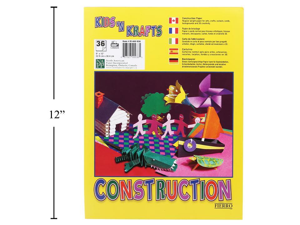 9x12" Coloured Construction Paper, 36 sheets, 6 colours, bulk